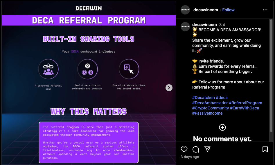 Screenshot from Decawin's official instagram about referral program