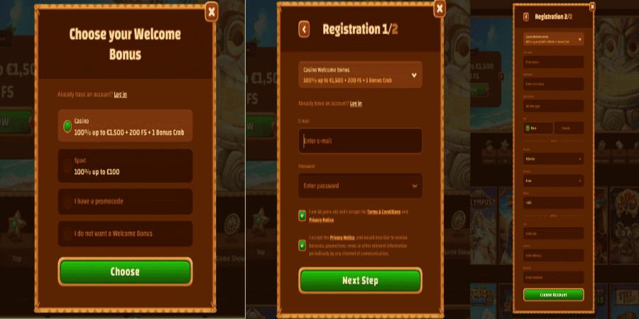 Registration process shown at Tiki Casino Review.