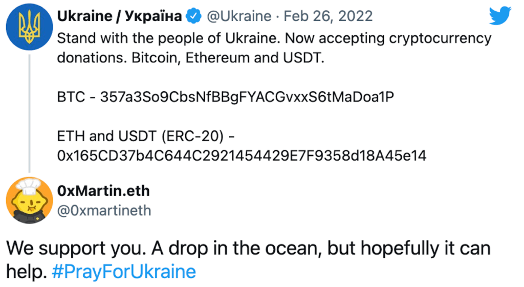 Ukraine Twitter requesting crypto donations